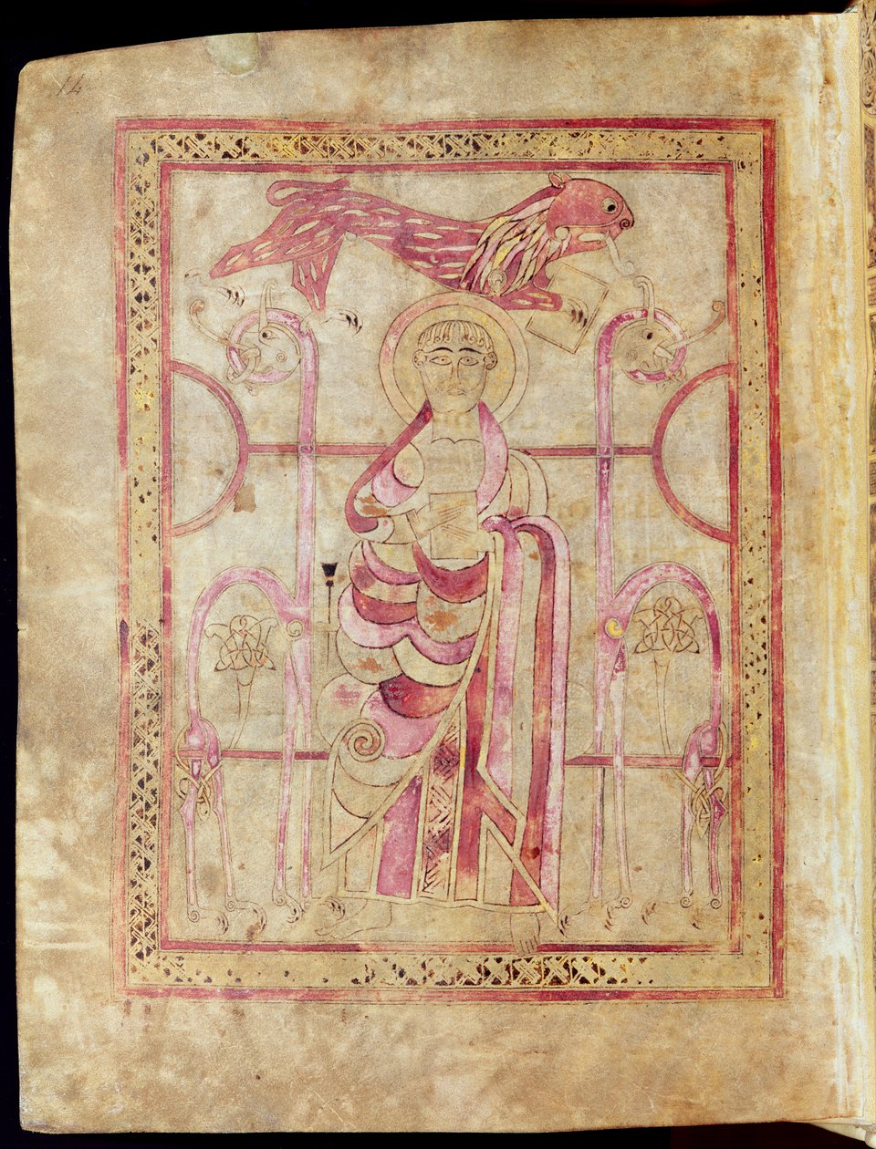 Pyhä Markus valtaistuimelle leijonansa kanssa, St. Marks Gospelin otsikkosivu, Lichfield Gospels, n.720 tekijältä English School