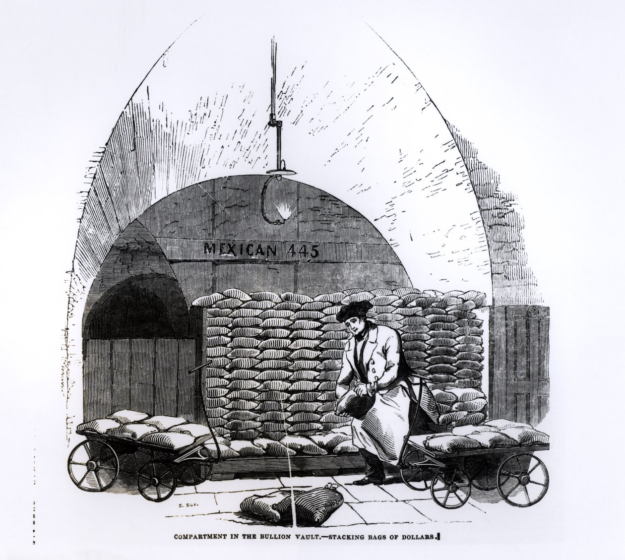 Dollarisäkkien pinoaminen jaloholvin lokeroon, 8. maaliskuuta 1845 julkaistusta Illustrated London Newsista tekijältä English School