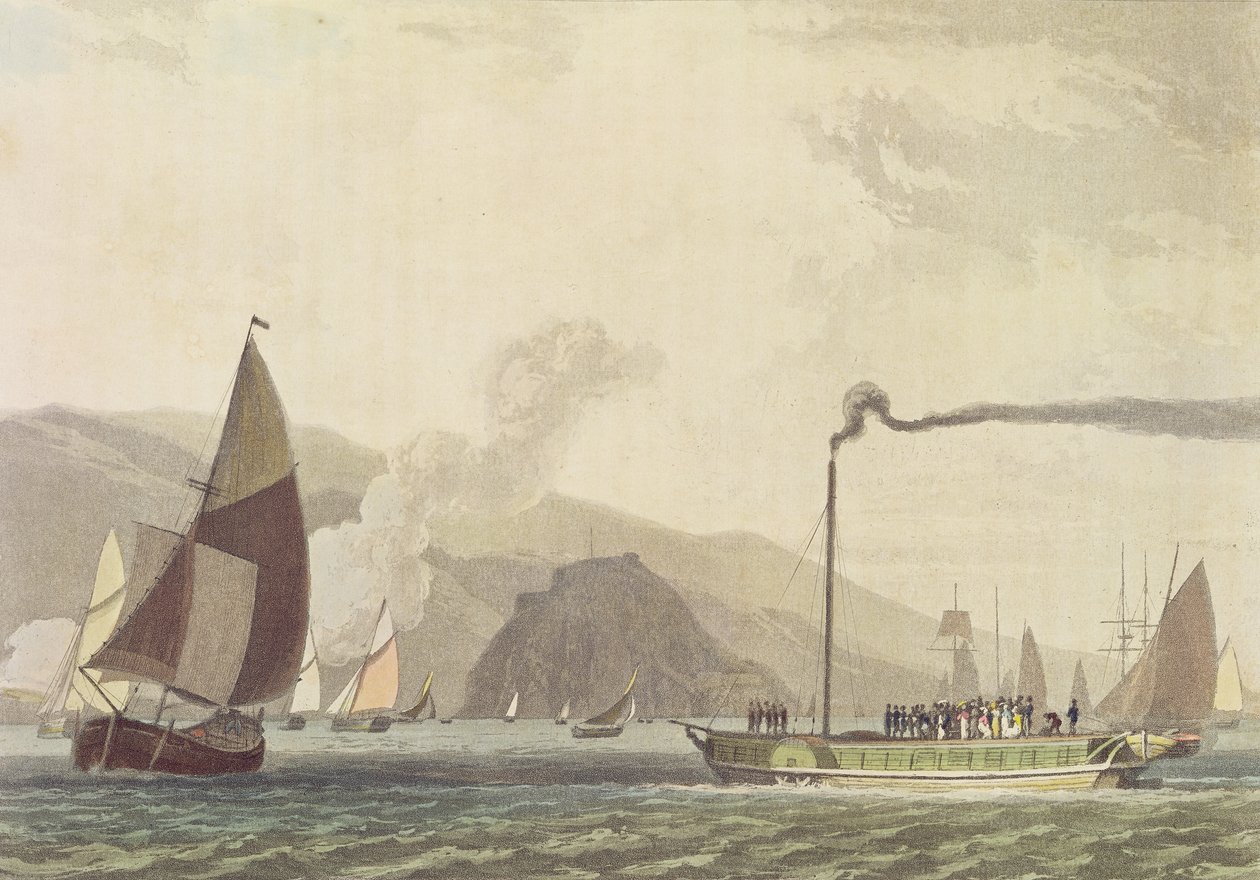 Höyrylaiva Clyde-joella lähellä Dumbartonia, 1802 (akvatintta). tekijältä English School