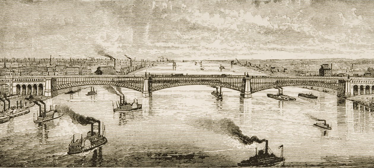 Steel Bridge Crossing the Mississippi River St. Louisissa, n. 1874, The Religious Tract Societyn julkaisema American Pictures, 1876 tekijältä English School