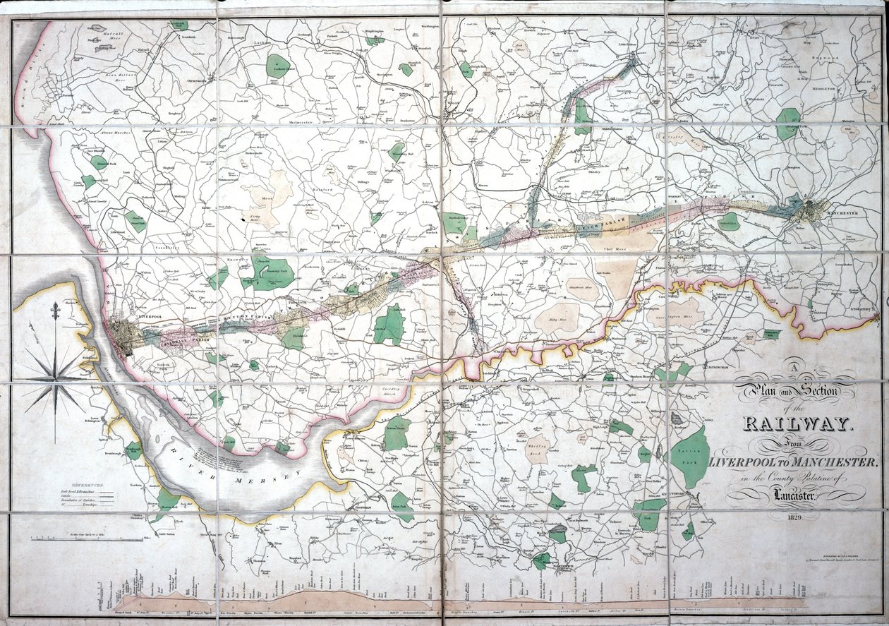 Stephensons kartta Liverpoolin ja Manchesterin rautateistä, n. 1824-1830 tekijältä English School