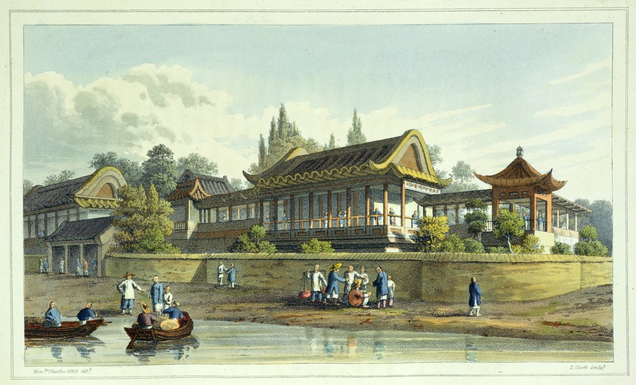 Keisarin kesäpalatsi, vastapäätä Tien-Singin kaupunkia, levy 2 Journal of the Proceedings of the Late Embassy to China, kaiverrettu J. Clark, 1817 (akvatinta) tekijältä English School