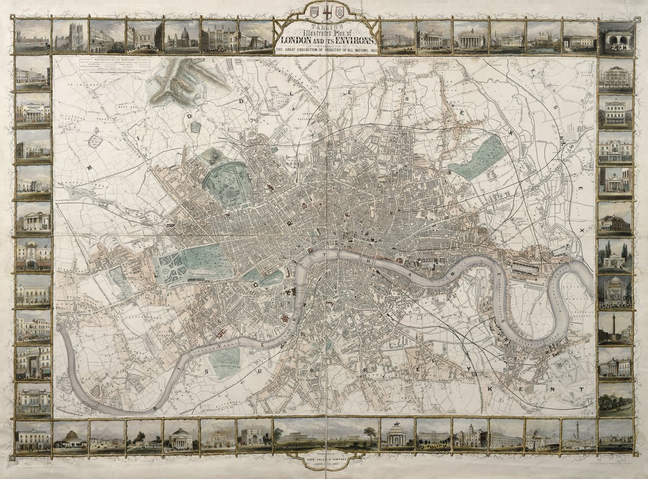 Talliss Illustrated Plan of London and sen Environs, kaikkien kansakuntien suuren teollisuusnäyttelyn muistoksi, 1851, julkaisija John Tallis & Co. tekijältä English School