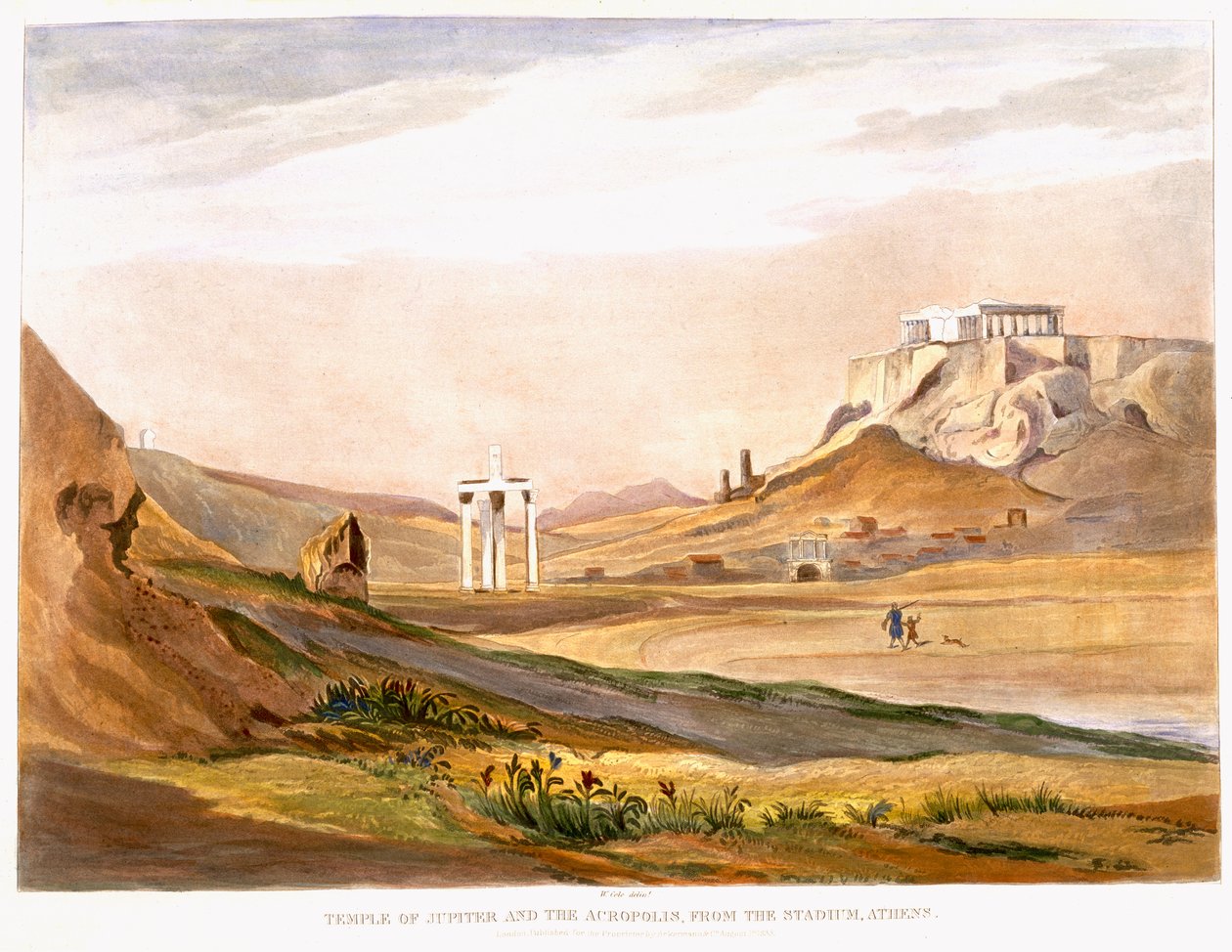 Jupiterin temppeli ja Akropolis, Ateenan stadionilta, julkaistu Lontoossa 1835 (väriakvatinta) tekijältä English School