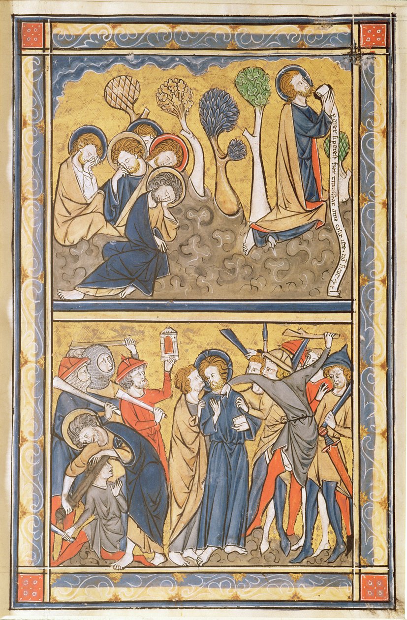 Agony in the Garden and the Betrayal of Christ, lehti psalterista, n. 1270 (tempera, muste ja kultalehtiä perunakalvolla) tekijältä English School
