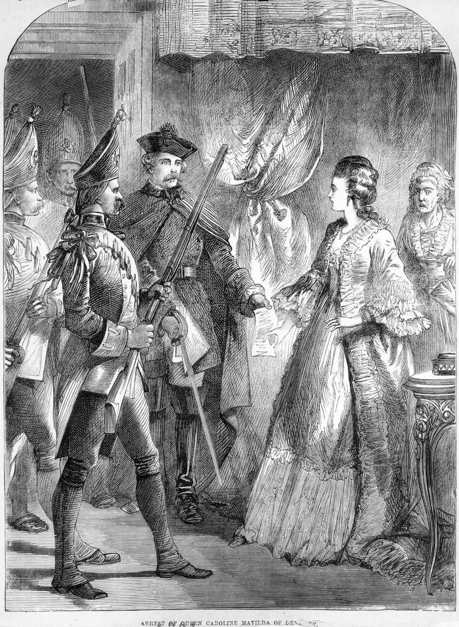 Tanskan ja Norjan kuningattaren Caroline Matildan pidättäminen vuonna 1772 (painettu) tekijältä English School