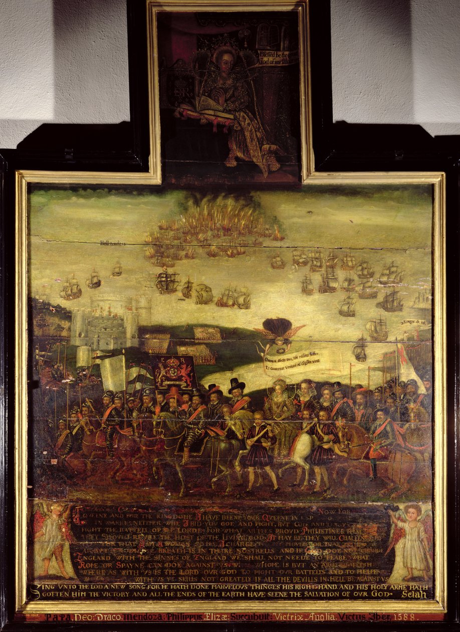 Kuningatar Elizabeth I:n (1530-1603) saapuminen Tilburyyn; ja Espanjan Armadan tappio, vasen paneeli, englantilainen koulu (1600-luku) tekijältä English School