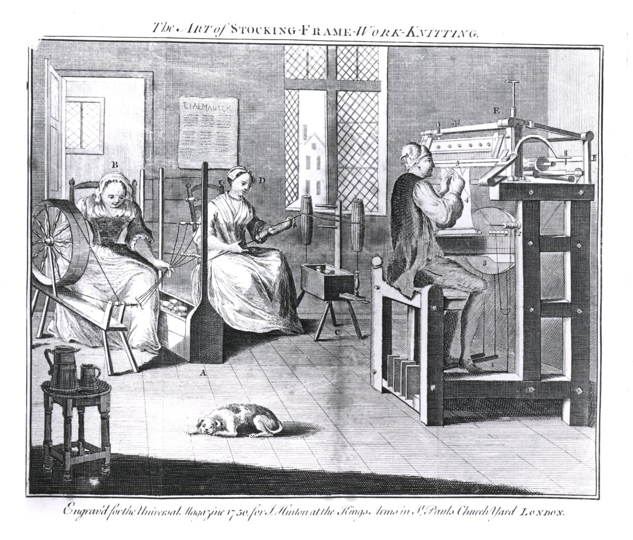 Sukka-kehys-työ-neulontataide, kaiverrettu Universal Magazine -lehteä varten, 1750 tekijältä English School