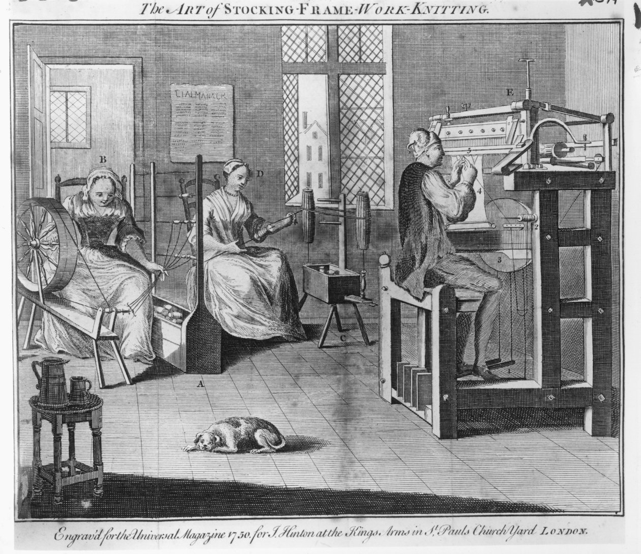 Sukka-kehys-työ-neulontataide, kaiverrettu "Universal Magazine" -lehteä varten 1750 tekijältä English School
