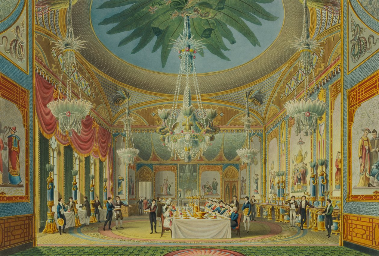 Juhlasali, John Nashin (1752-1835) 1826 (akvatinta) teoksesta Views of the Royal Pavilion, Brighton tekijältä English School