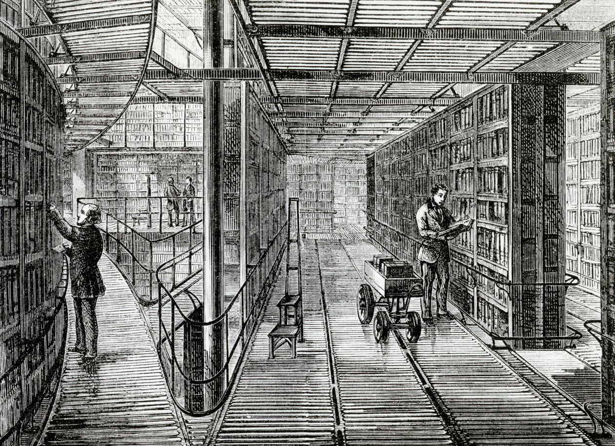 The Book-Cases at the British Museum, kuvitus Edward Walfordin "Old and New London" -teoksesta, julkaistu noin 1880 tekijältä English School