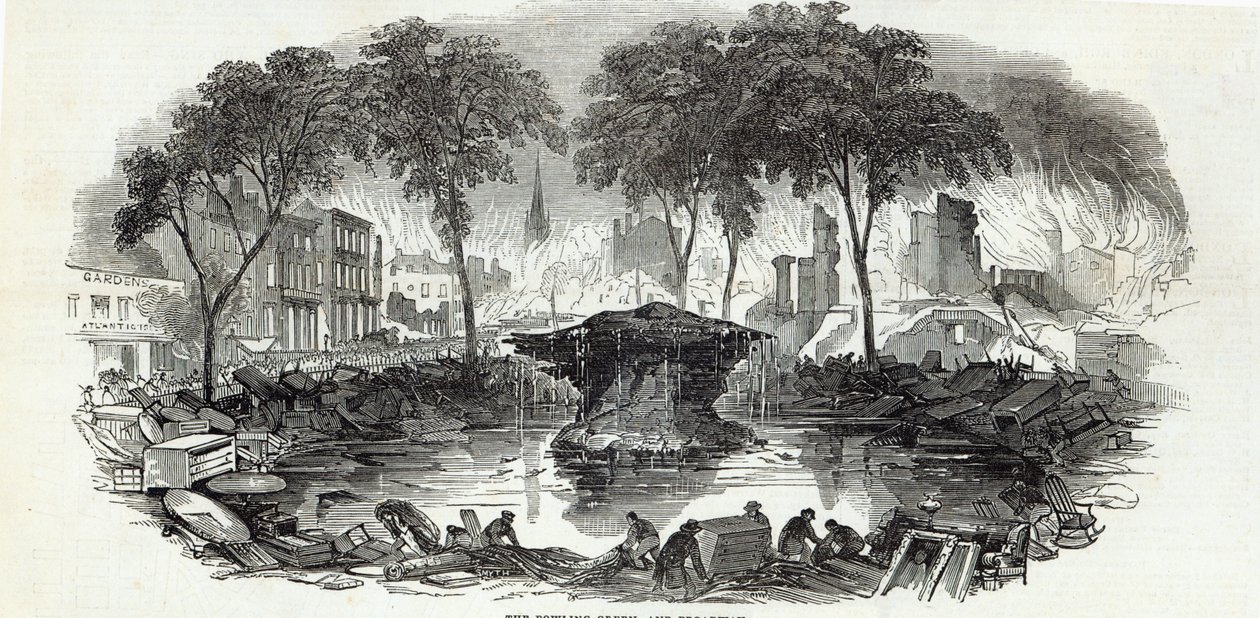 The Bowling-green ja Broadway, New York, The Illustrated London News, 23. elokuuta 1845 tekijältä English School