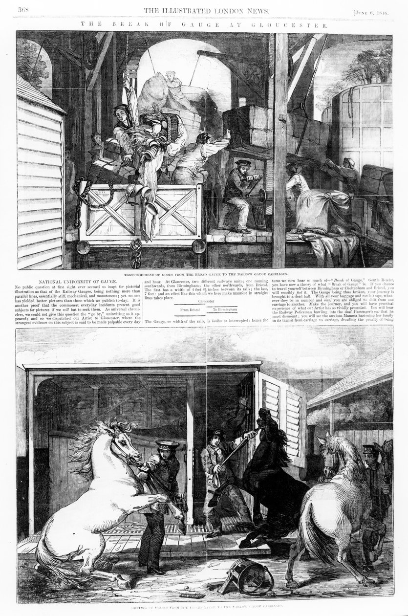 The Break of Gauge Gloucesterissa, kuvitus "The Illustrated London Newsista", 6. kesäkuuta 1846 tekijältä English School