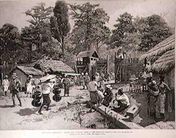 Burmah-retkikunta: Bhamon eteläportti, jossa näkyy pötkö, näköalamaja ja vartijatalo, The Illustrated London News, 3. kesäkuuta 1886 tekijältä English School