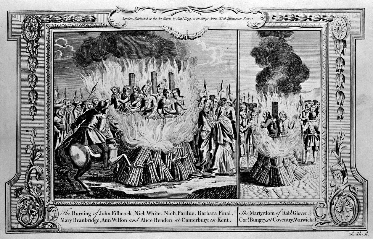 The Burning of John Fishcock ja Robert Gloverin marttyyrikuolema, Paul Wrightin teoksesta The New and Complete Book of Martyrs tekijältä English School