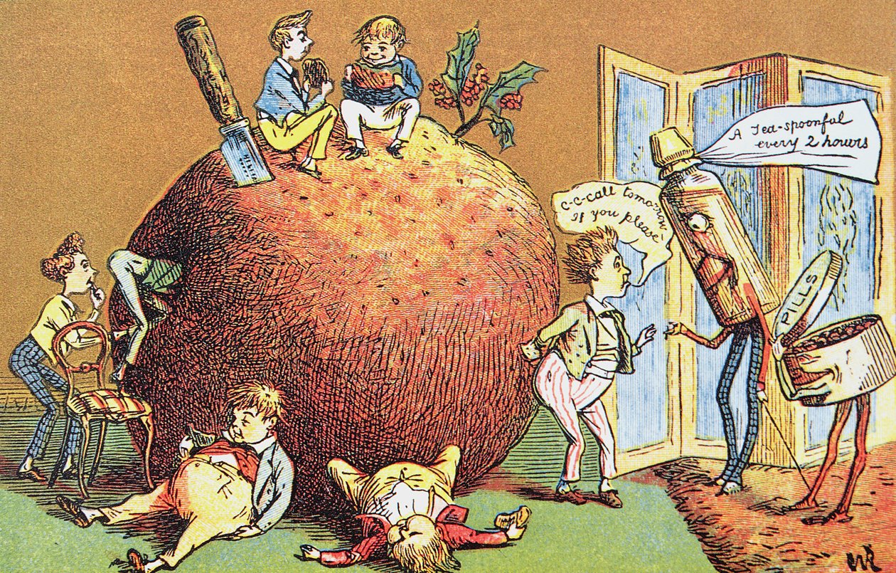 The Christmas Pudding, viktoriaaninen joulukortti (värikaiverrus) tekijältä English School