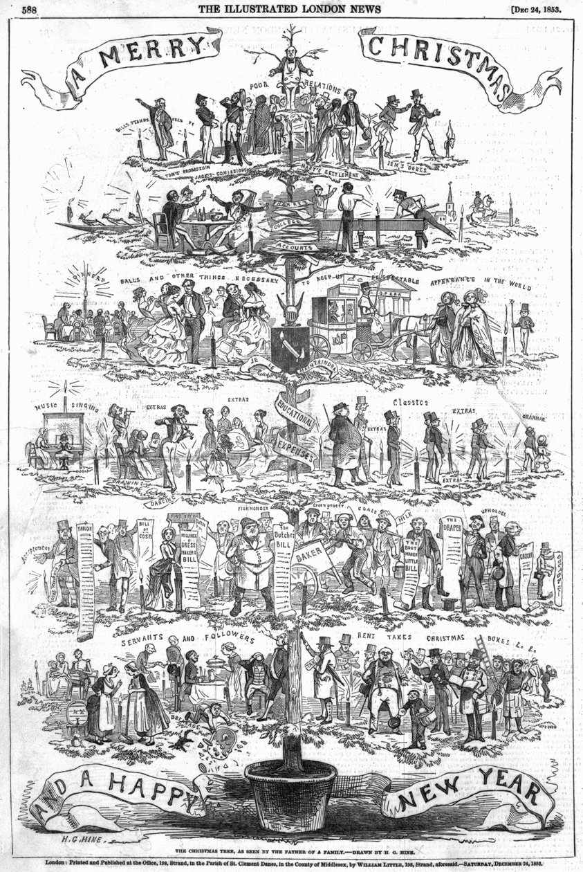Joulukuusi, perheen isän näkemä, kuvitus "The Illustrated London News" -lehdestä, 24. joulukuuta 1853 tekijältä English School