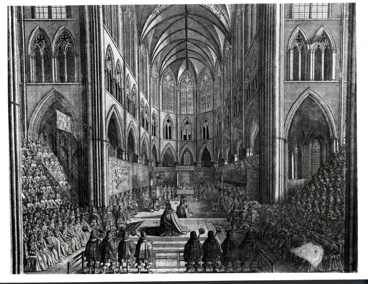 Charles II:n kruunajaiset Westminster Abbeyssa 23. huhtikuuta 1661 tekijältä English School