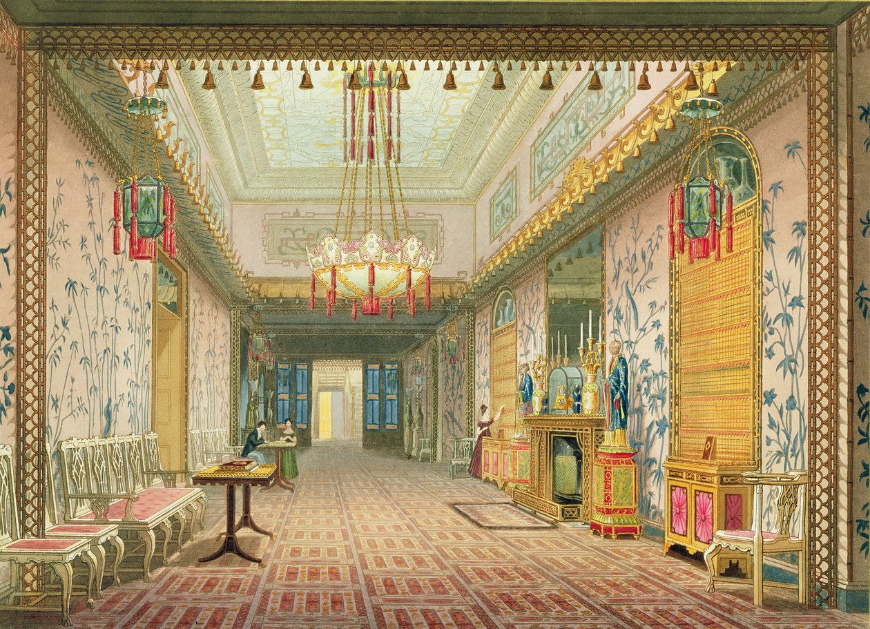 The Corridor tai Long Gallery viimeisessä vaiheessa, Views of the Royal Pavilion, Brighton, kirjoittanut John Nash (1752-1835) 1826 (akvatinta) tekijältä English School