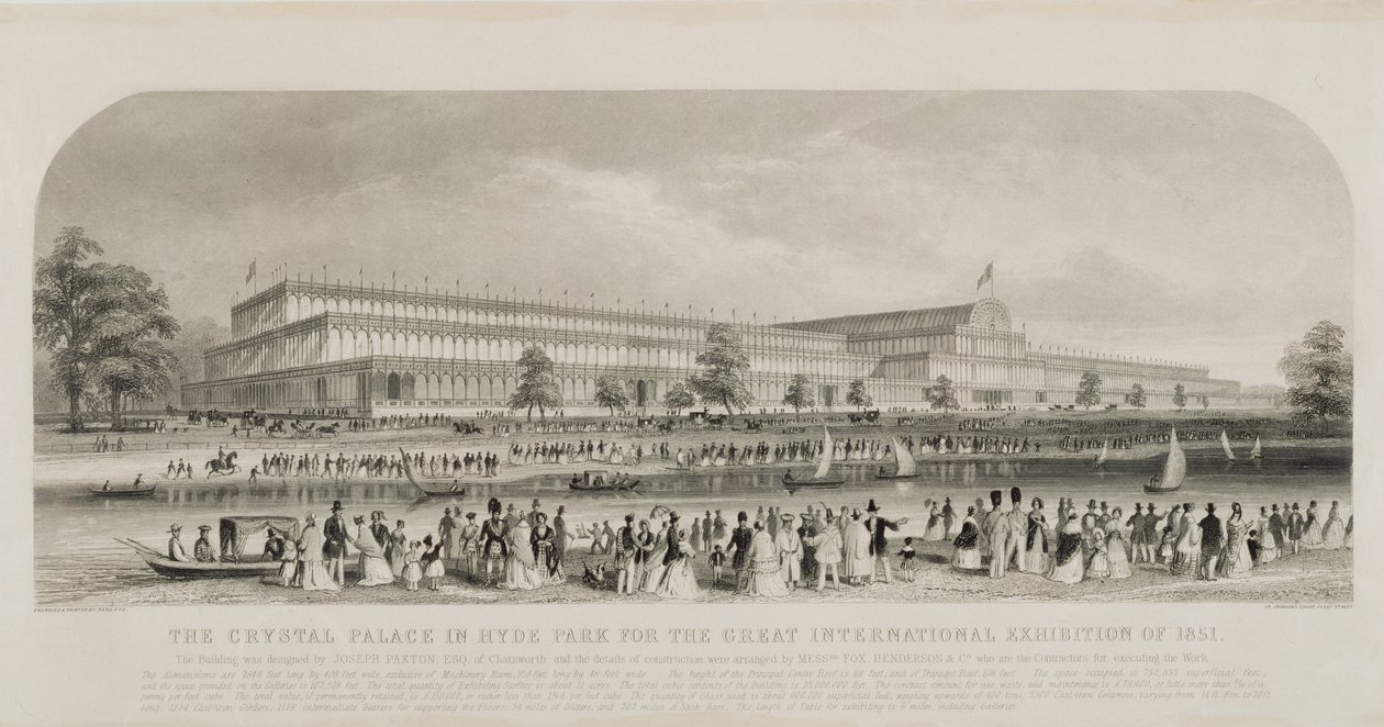 Crystal Palace Hyde Parkissa vuoden 1851 suurta kansainvälistä näyttelyä varten, pubi. kirjoittaja Read and Co. tekijältä English School