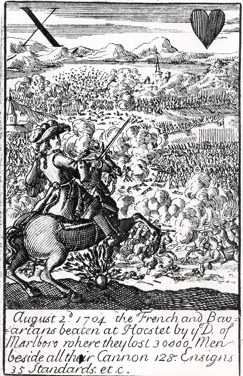 Marlboroughin herttua voitti ranskalaiset ja baijerilaiset Blenheimin taistelussa 2. elokuuta 1704, englantilainen pelikortti tekijältä English School