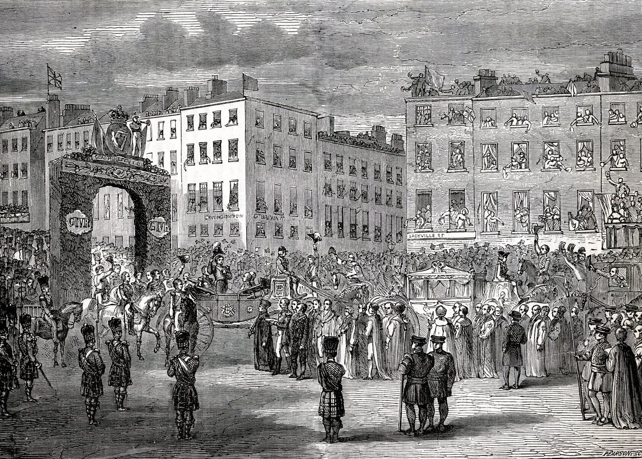 George IV:n (1762-1830) tulo Dubliniin, 3. syyskuuta 1821, kaiverrus Pearson tekijältä English School