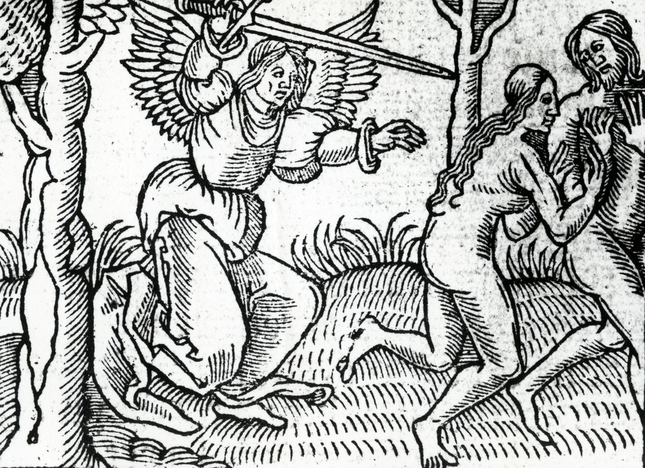 Karkottaminen Eedenin puutarhasta, kuva Cranmerin Raamatusta, 1540 tekijältä English School