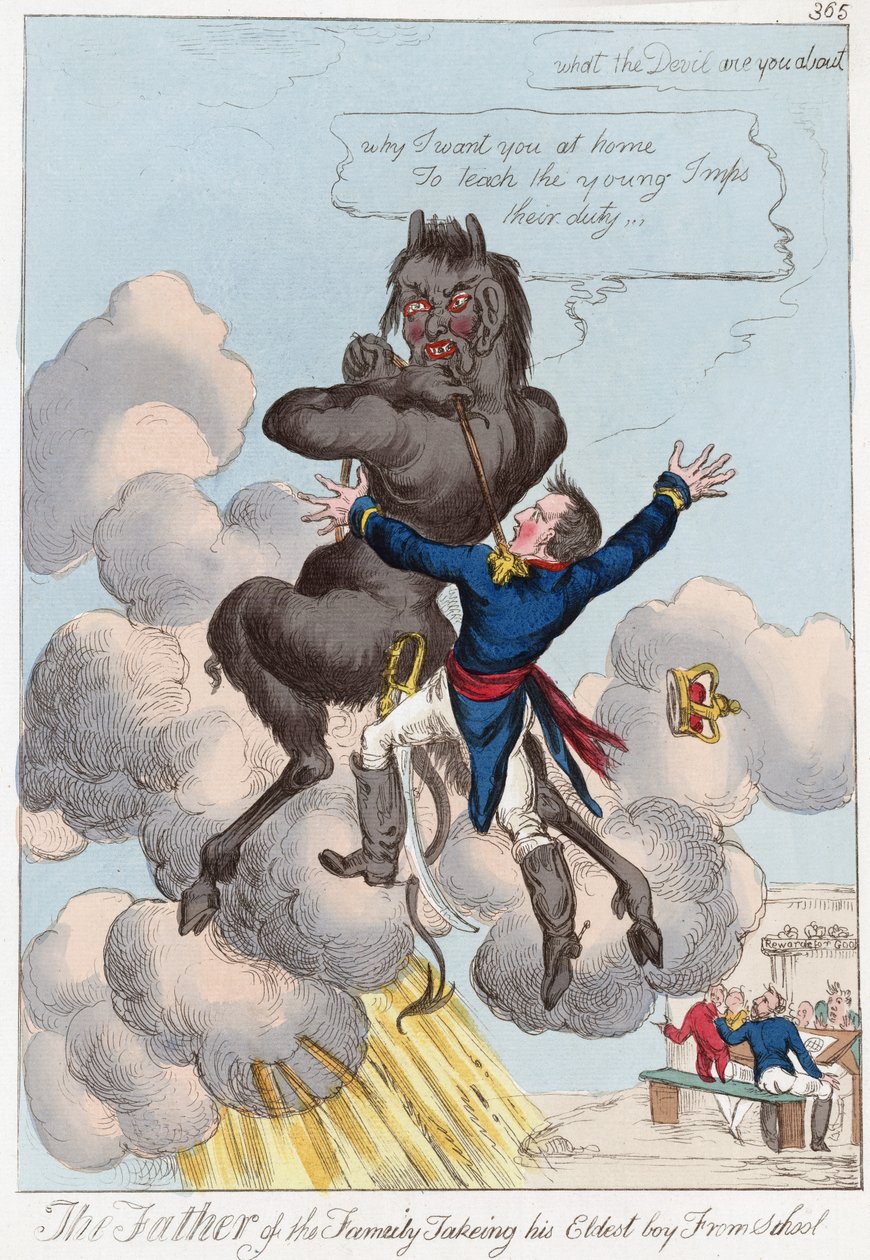 Perheen isä ottaa vanhimman poikansa koulusta, pubista. 1814 (käsinvärinen kaiverrus) tekijältä English School