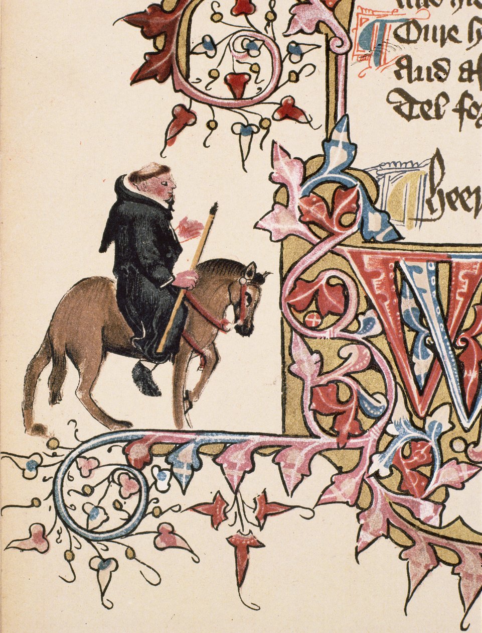 The Friar, yksityiskohta The Canterbury Talesista, kirjoittanut Geoffrey Chaucer (n. 1342-1400) Ellesmeren käsikirjoitus, faksipainos, 1911 (alkuperäiset tiedot, katso 128933) tekijältä English School