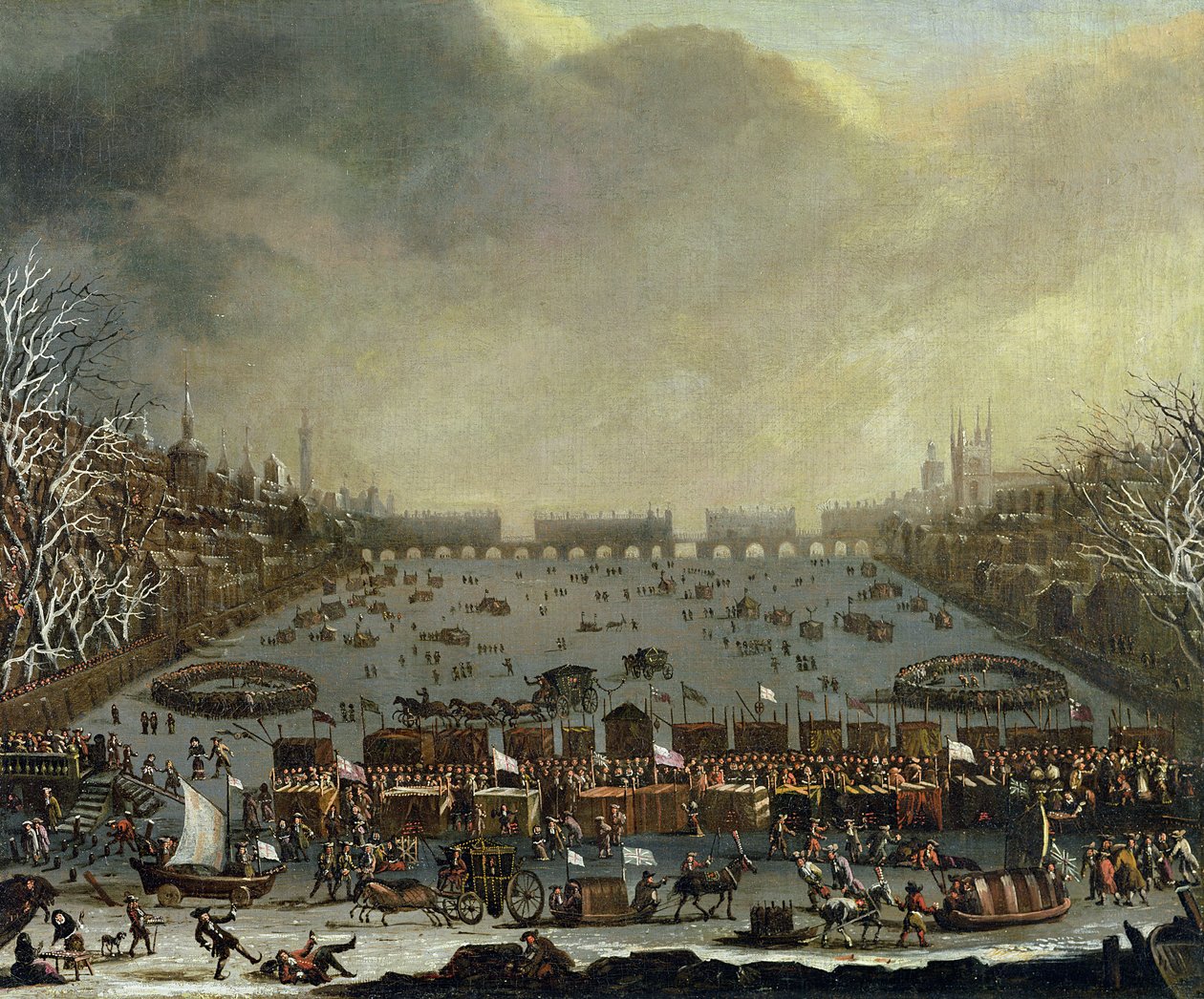 Talven 1683–1684 Frost-messut Thamesissa, jossa Old London Bridge on kaukana. noin 1685 tekijältä English School