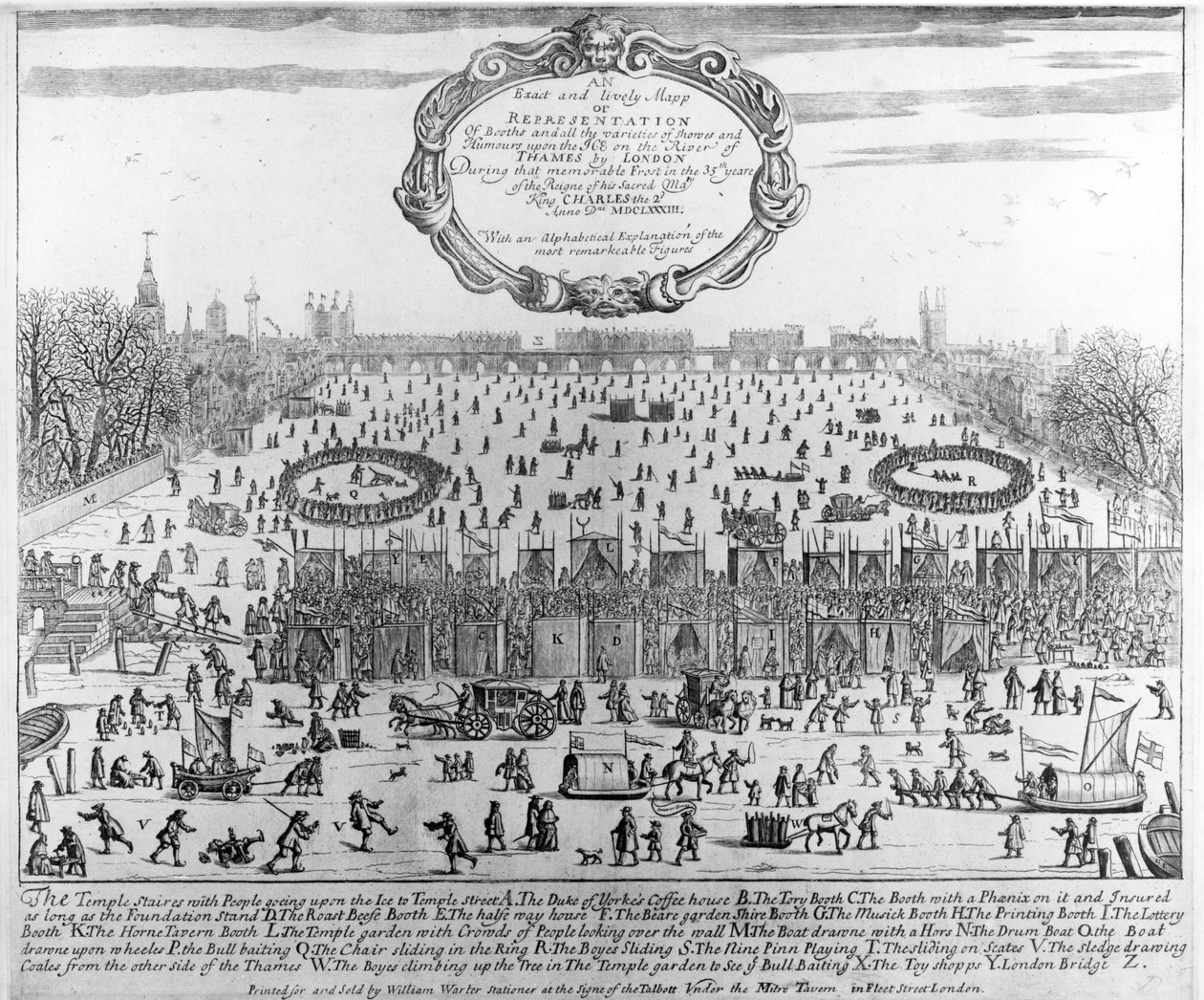 Talven 1683–1684 Frost-messut Thamesissa, jossa Old London Bridge on kaukana. c.1684 tekijältä English School