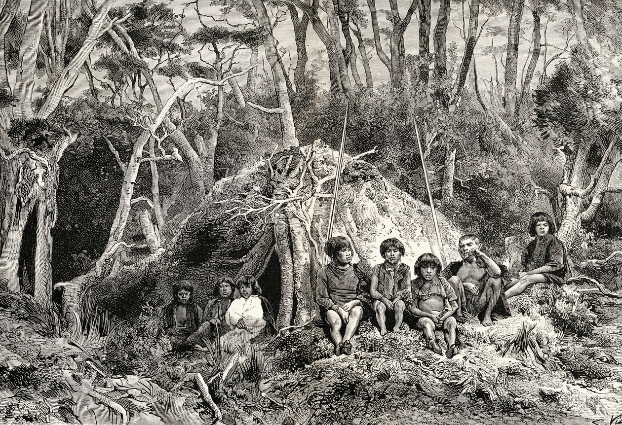 The Fuegians and their wigwamit, Charles Darwinin (1809-82) "Journal of Researches" -julkaisusta, joka julkaistiin Lontoossa 1890 tekijältä English School