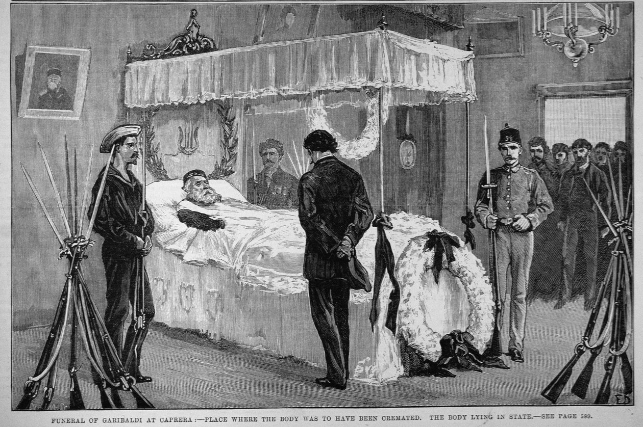 Garibaldin hautajaiset Caprerassa: The Illustrated London News -lehdestä, 17. kesäkuuta 1882. tekijältä English School