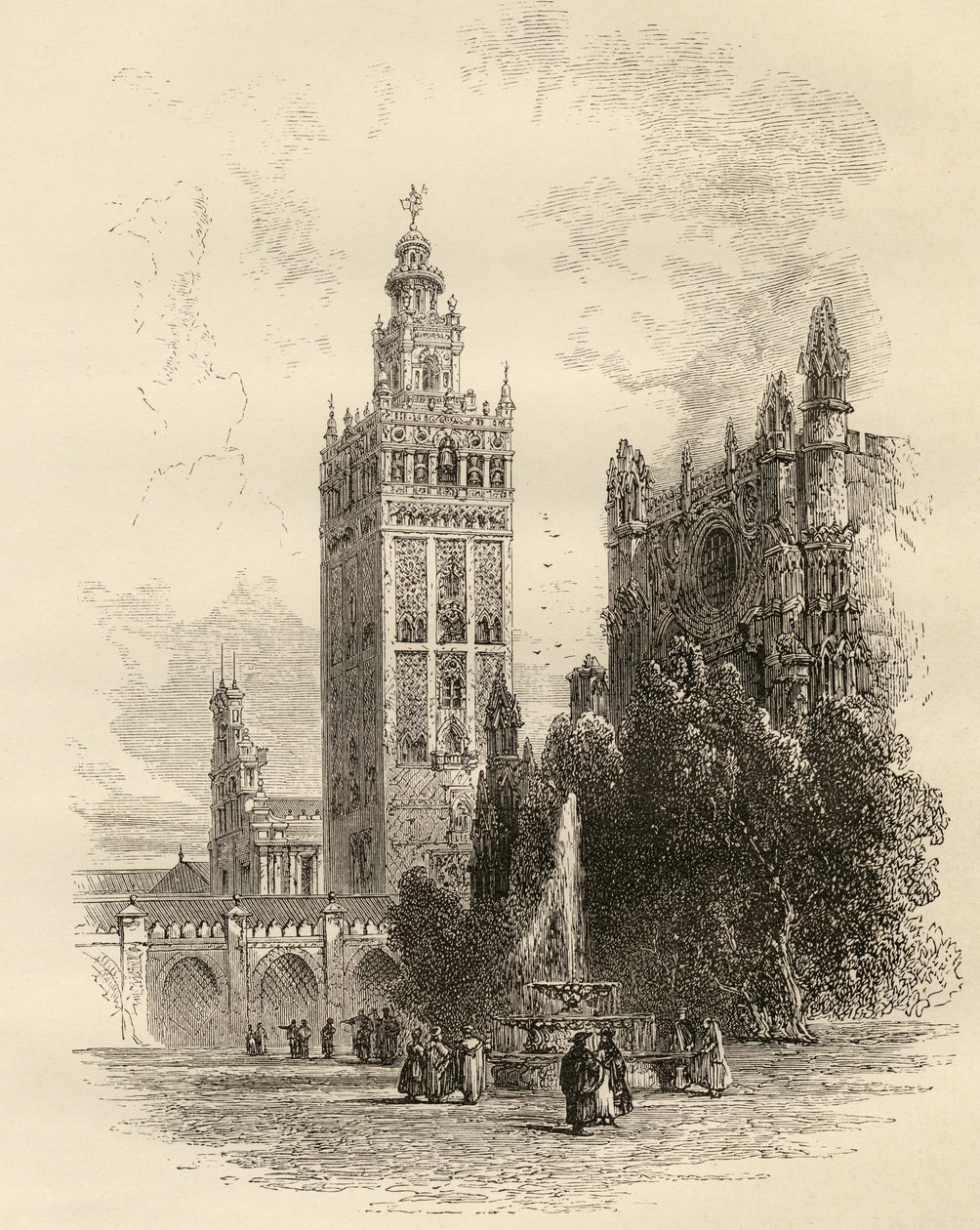 Giralda, Sevilla, Espanja, pastori Samuel Manningin vuonna 1870 julkaisemasta teoksesta "Spanish Pictures". tekijältä English School