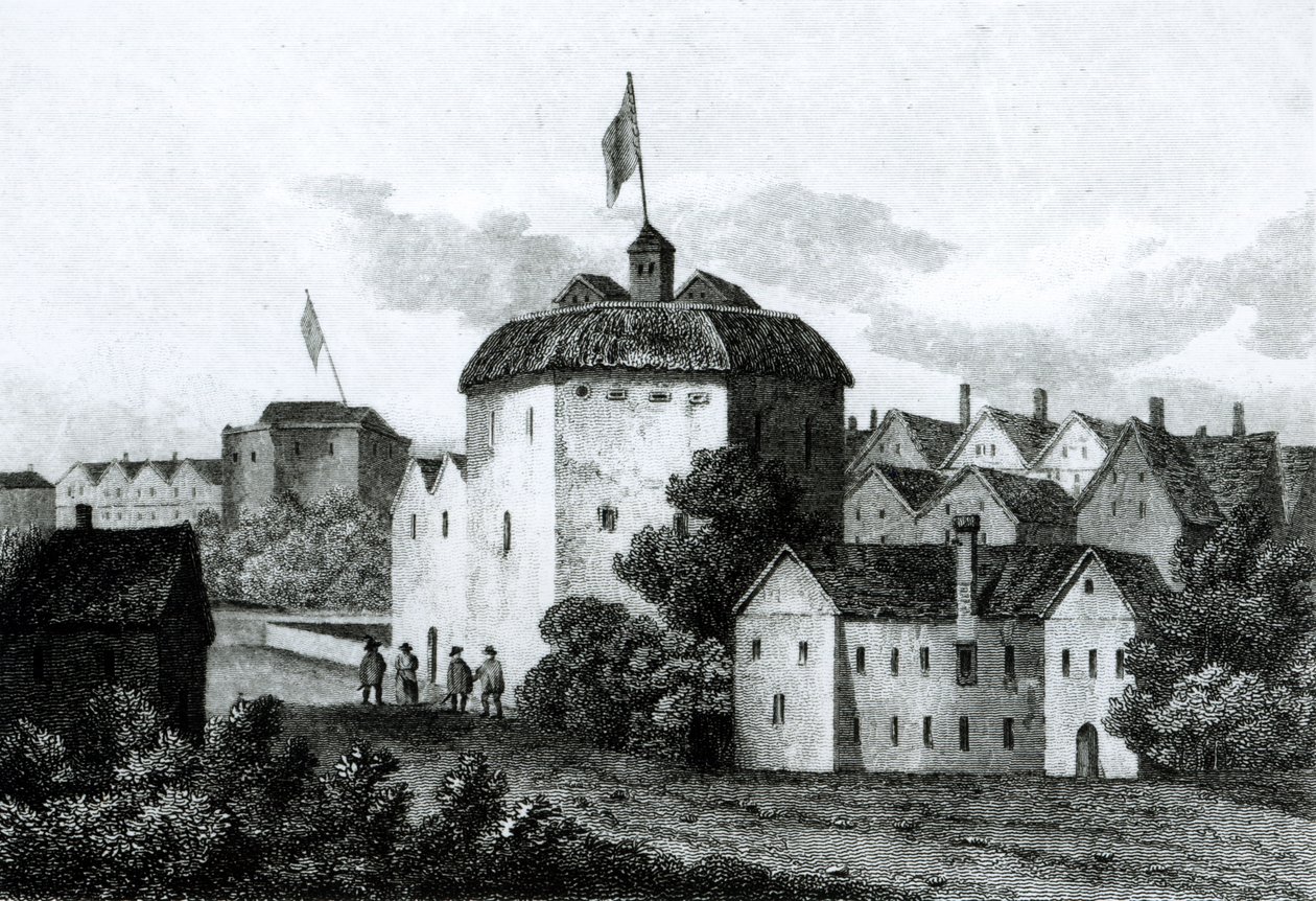 The Globe Theatre Banksidessa sellaisena kuin se esiintyi James I:n hallituskaudella (1566-1625) 1672 tekijältä English School