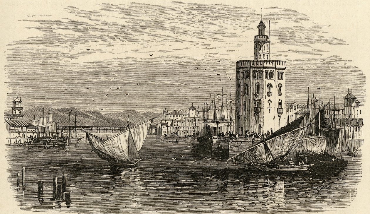 Kultainen torni, Sevilla, Espanja, pastori Samuel Manningin Espanjan kuvista, julkaistu vuonna 1870 tekijältä English School