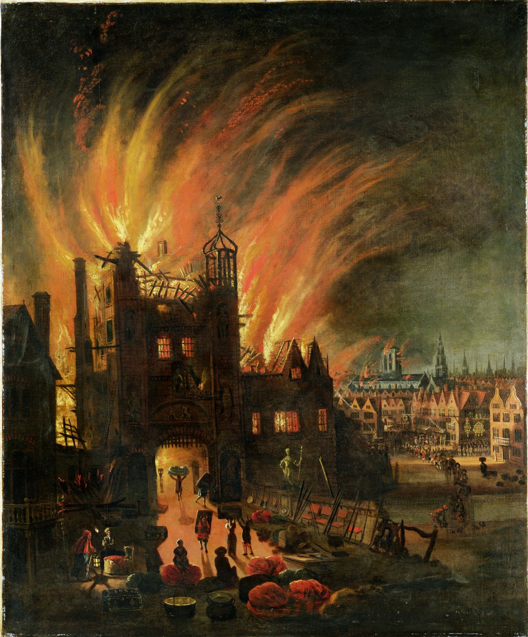 Lontoon suuri palo (syyskuu 1666) Ludgaten ja Old St Paulin kanssa, n. 1670 tekijältä English School