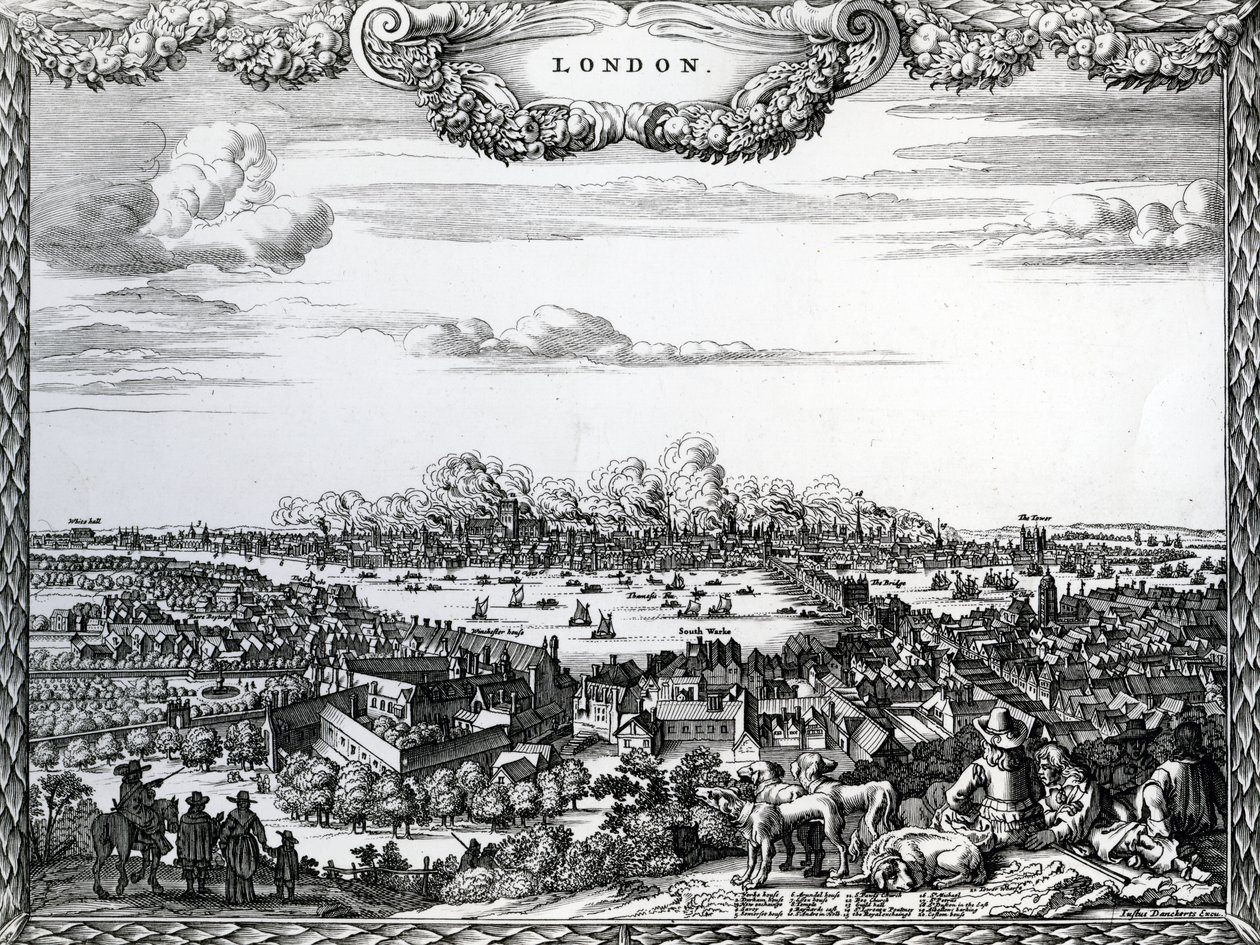 Lontoon suuri tulipalo, kaiverrus Justus Danckerts, noin 1670-90-luvut tekijältä English School