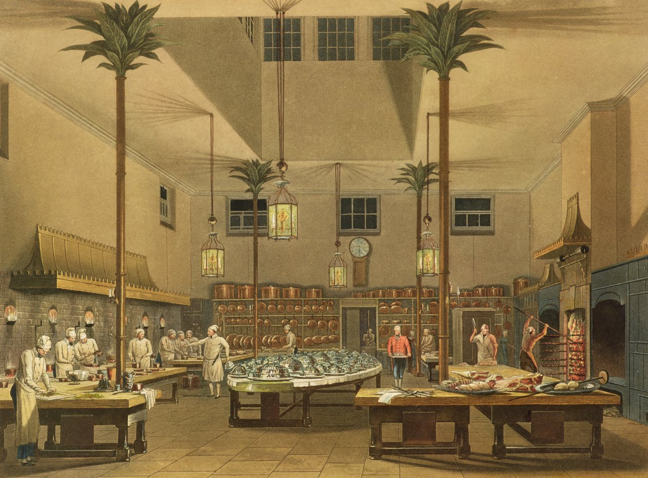 The Great Kitchen, John Nashin (1752-1835) teoksesta Views of The Royal Pavilion, Brighton, 1826 (värillinen akvatinta) tekijältä English School