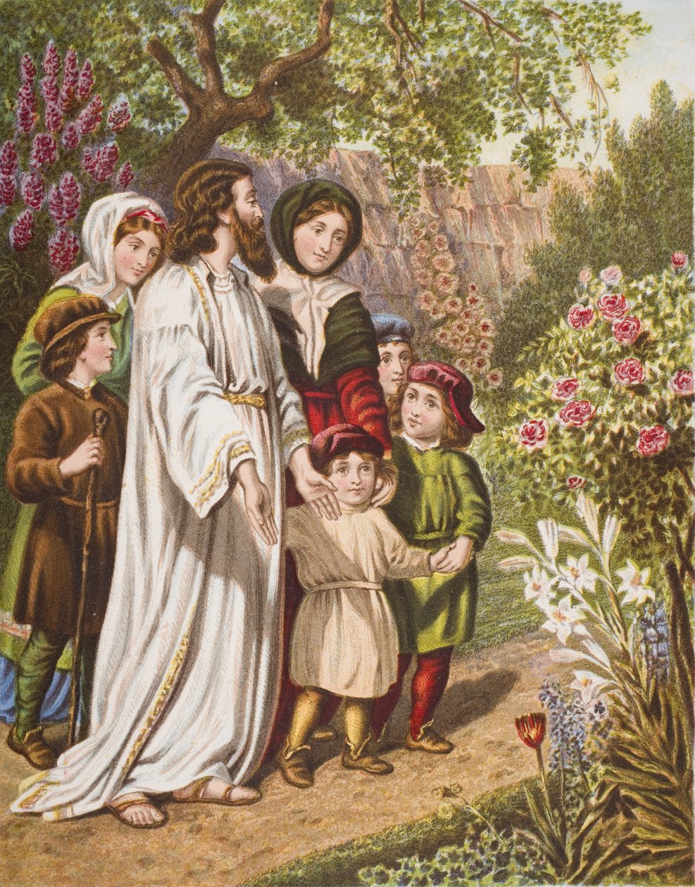 Tulkki pyhiinvaeltajien kanssa puutarhassa, kuvitus John Bunyanin (1628-88) teoksesta "Pilgrim
