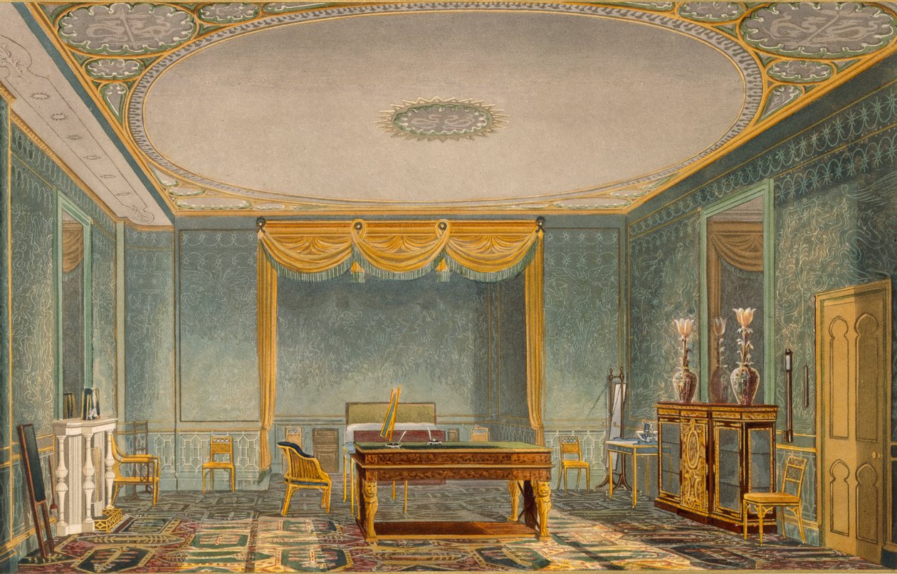 Kings Bedroom, Views of the Royal Pavilion, Brighton, kirjoittanut John Nash (1752-1835) 1826 (akvatinta) tekijältä English School
