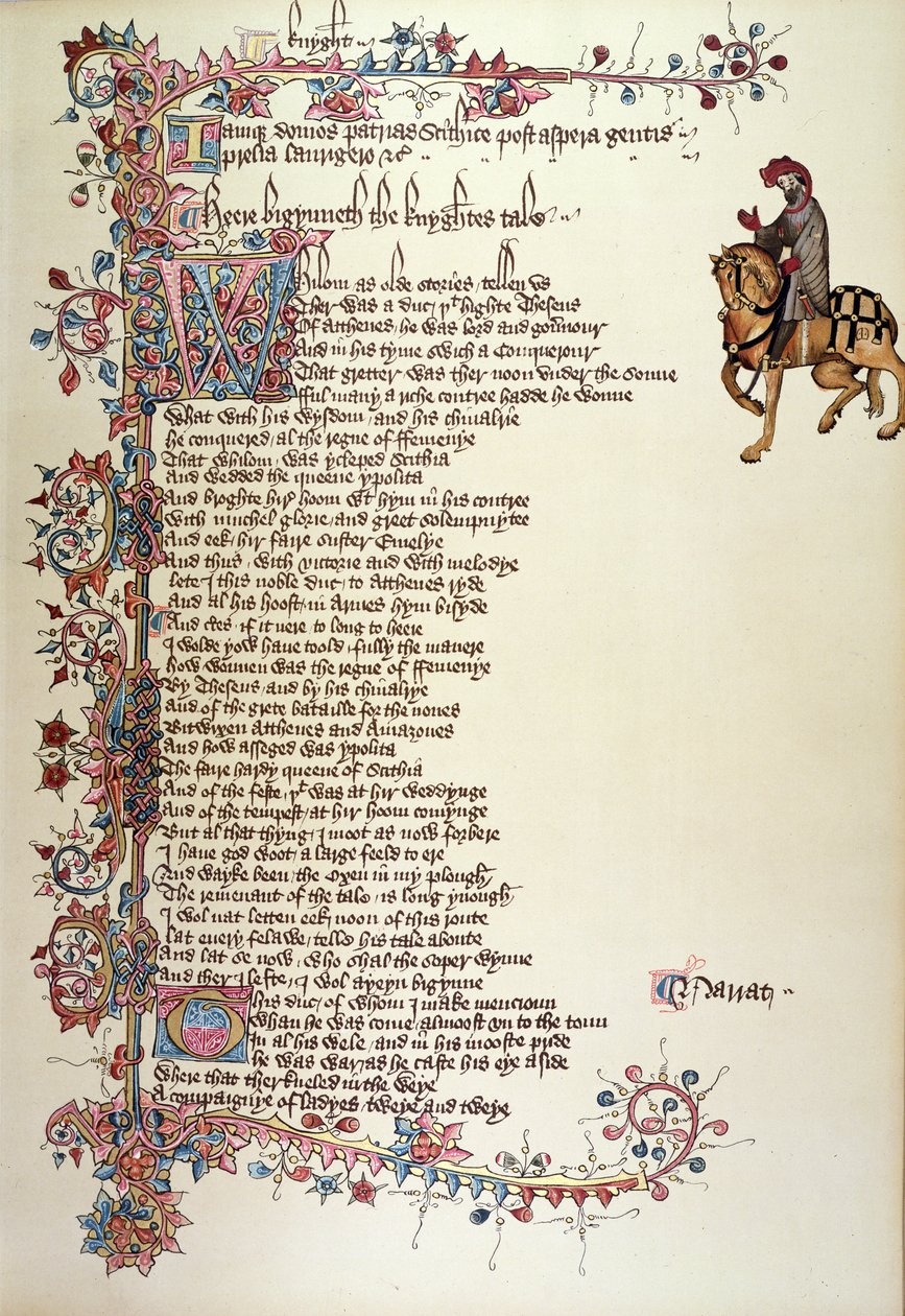 The Knight, yksityiskohta The Canterbury Talesista, kirjoittanut Geoffrey Chaucer (n. 1342-1400) Ellesmeren käsikirjoitus, faksipainos, 1911 (alkuperäiset tiedot, katso 128937) tekijältä English School