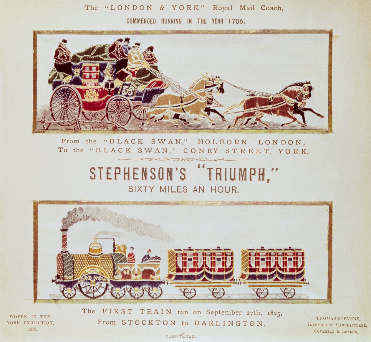 The "London and York" Royal Mail Coach ja Stephensonin "Triumph", kudottu Yorkin näyttelyä varten, 1879 (stevengraph) (katso myös 5300) tekijältä English School