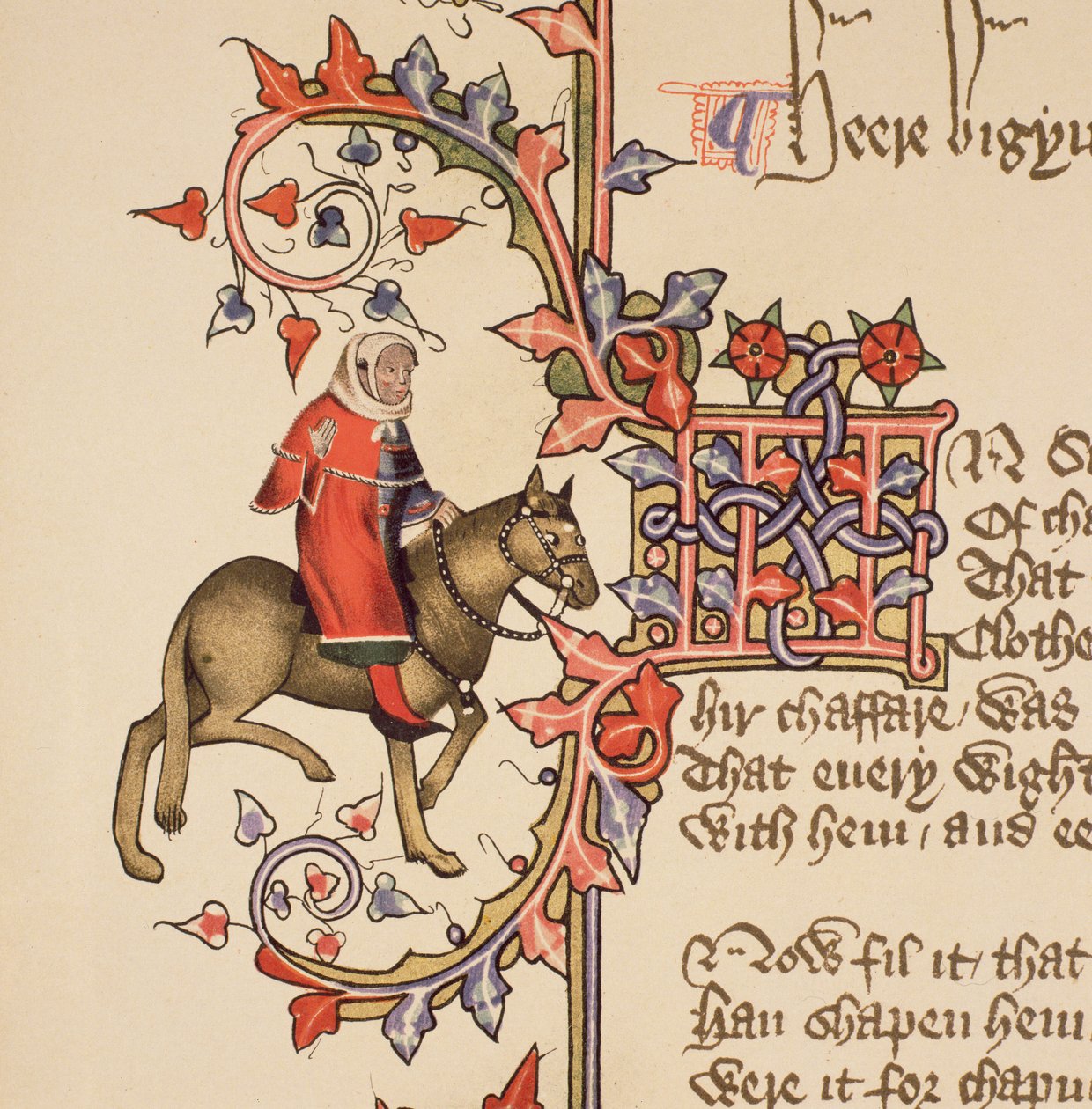 The Man of Law, yksityiskohta The Canterbury Talesista, kirjoittanut Geoffrey Chaucer (n. 1342-1400) Ellesmeren käsikirjoitus, faksipainos, 1911 (alkuperäiset tiedot, katso 128931) tekijältä English School