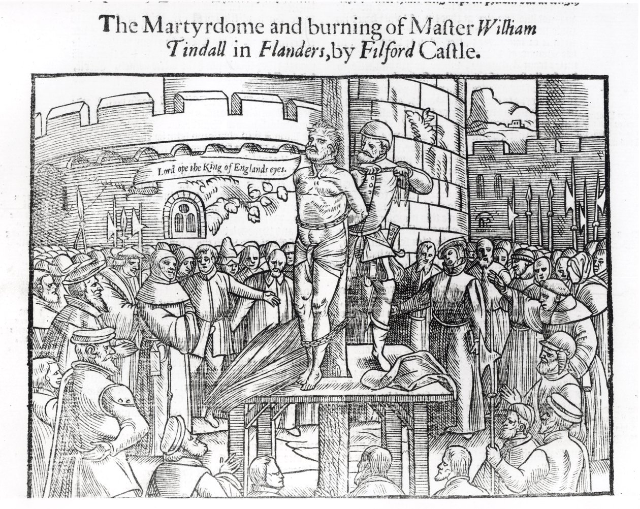 Mestari William Tindallin (n. 1494-1536) Martydome ja polttaminen Flanderissa, Filfordin linnassa, John Foxen (1516-87) teoksesta "Teot ja monumentit" 1563 tekijältä English School