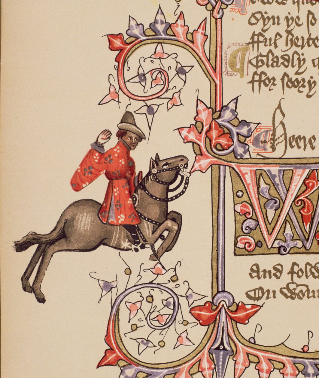 The Merchant, yksityiskohta The Canterbury Talesista, kirjoittanut Geoffrey Chaucer (n. 1342-1400) Ellesmeren käsikirjoitus, faksipainos, 1911 (alkuperäiset tiedot, katso 128920) tekijältä English School