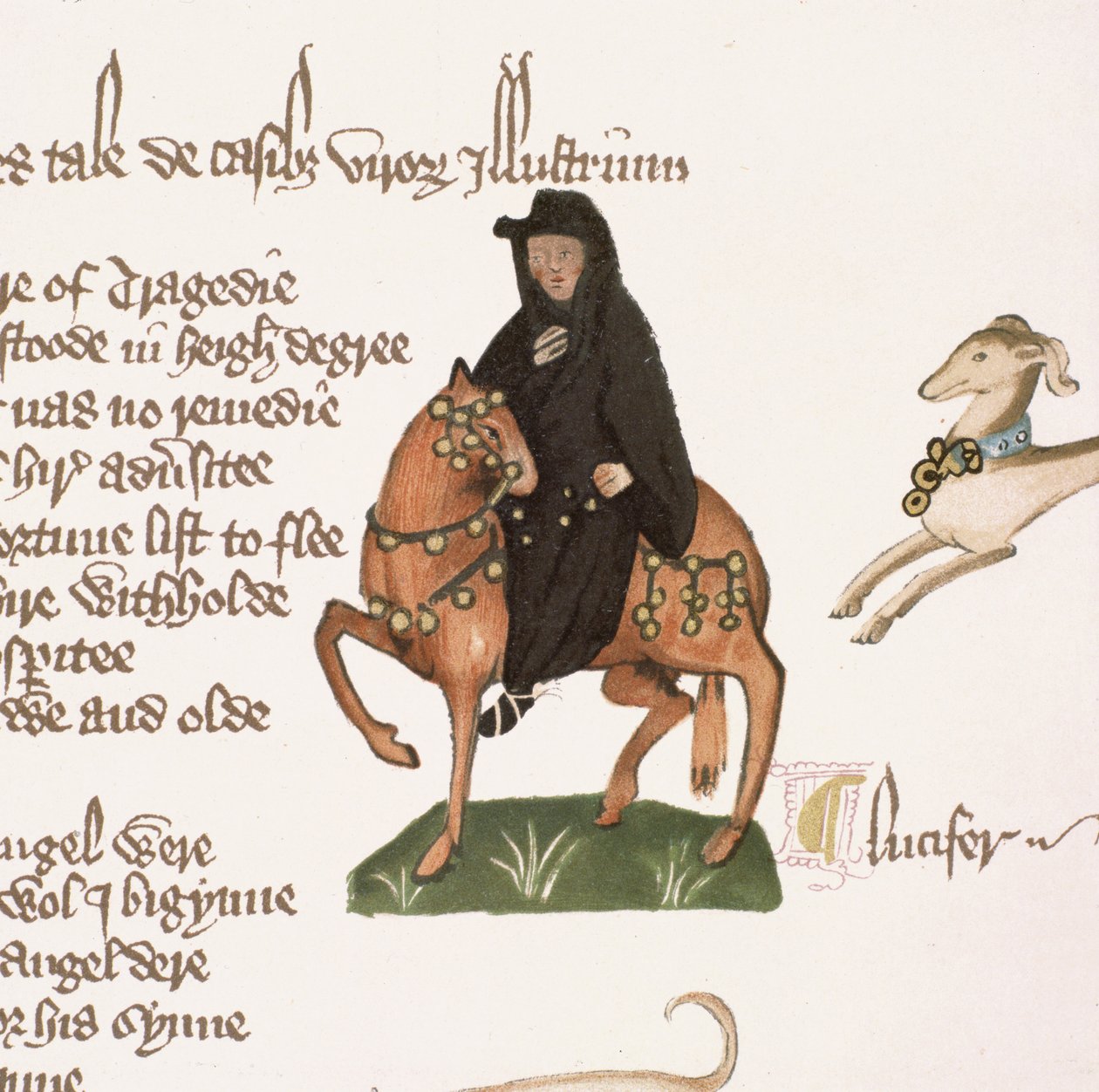 The Monk, yksityiskohta The Canterbury Talesista, kirjoittanut Geoffrey Chaucer (n. 1342-1400) Ellesmeren käsikirjoitus, faksipainos, 1911 (alkuperäinen, katso 128925) tekijältä English School