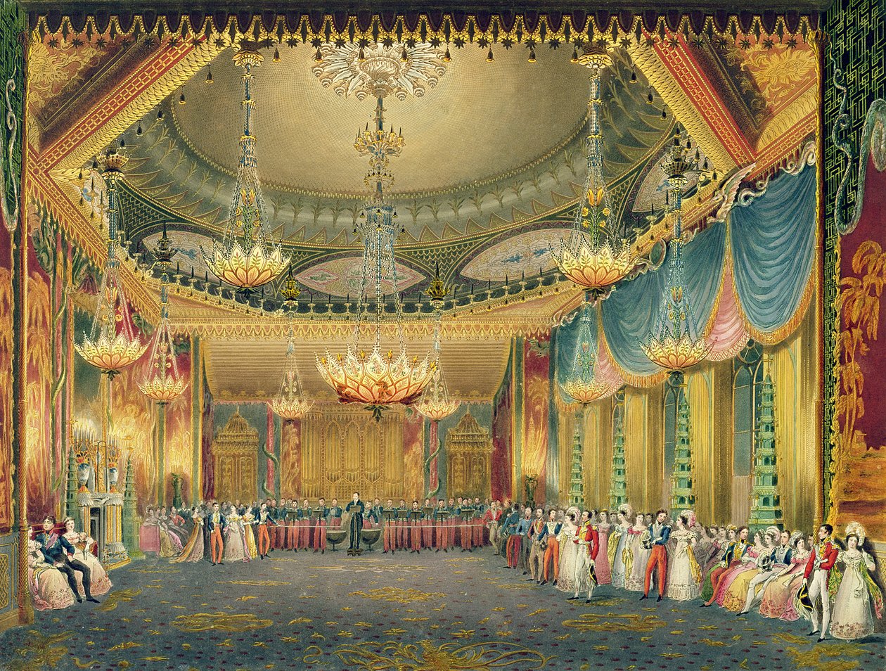 Musiikkihuone, Views of the Royal Pavilion, Brighton, kirjoittanut John Nash (1752-1835) 1826 (akvatinta) tekijältä English School