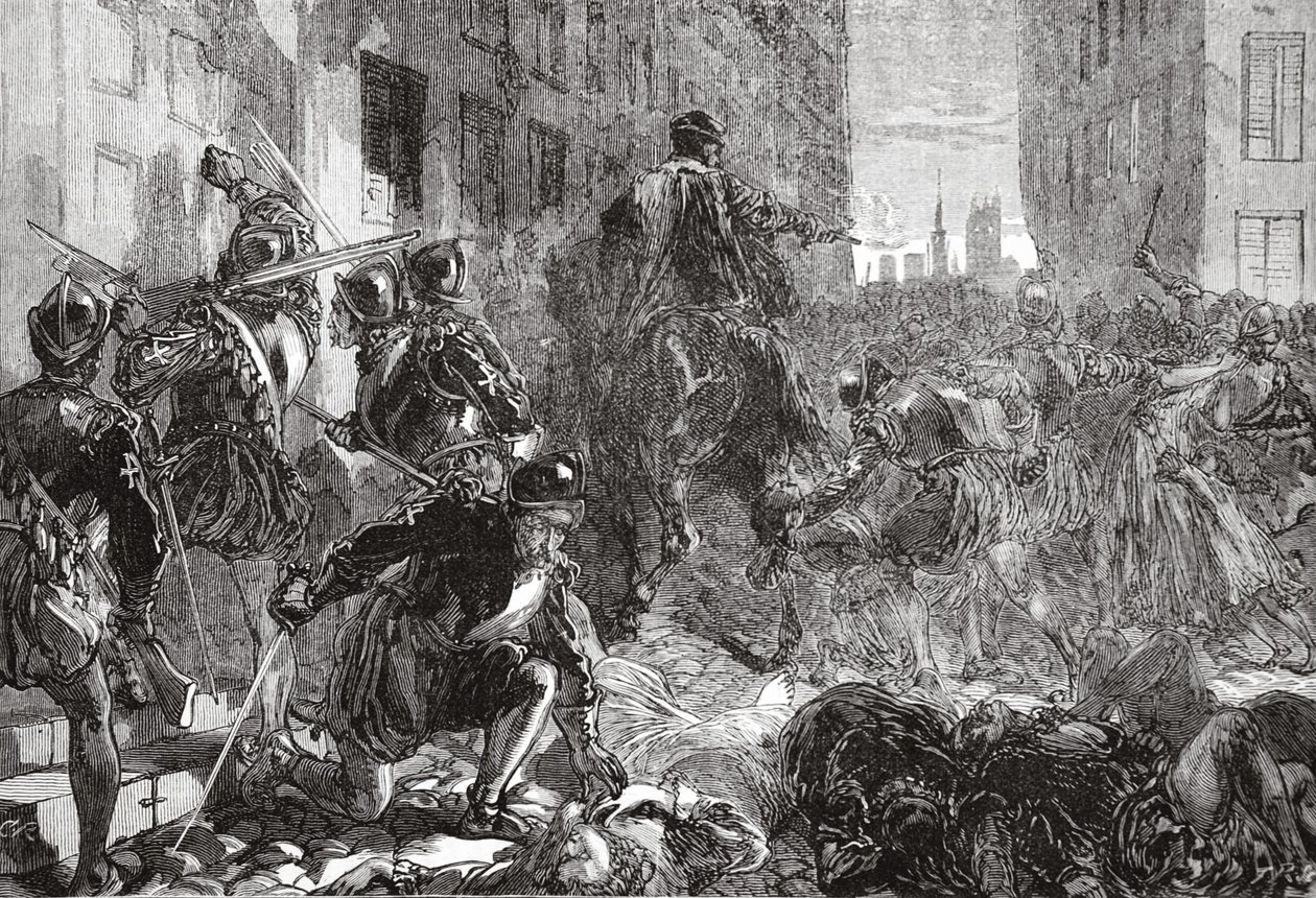 Pyhän Bartolomeuksen verilöylyn yö, kuvitus James Aitken Wylien (1808-1890) Protestantismin historiasta, pub. 1878 tekijältä English School