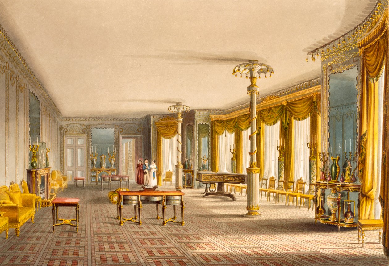 The North Drawing Room tai Music Room Gallery from Views of the Royal Pavilion, Brighton, kirjoittanut John Nash (1752-1835) 1826 (akvatinta) tekijältä English School